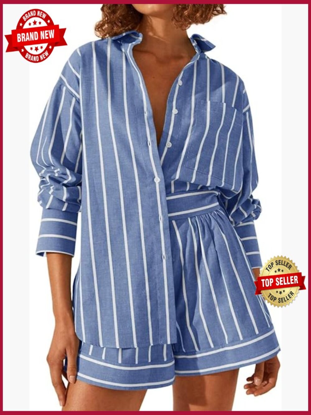 Striped Long Sleeve Button Down Shirt & Shorts Set Relaxed Fit